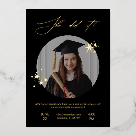 Elegant Black Gold Photo Graduparty Folie Uitnodiging (Voorkant)