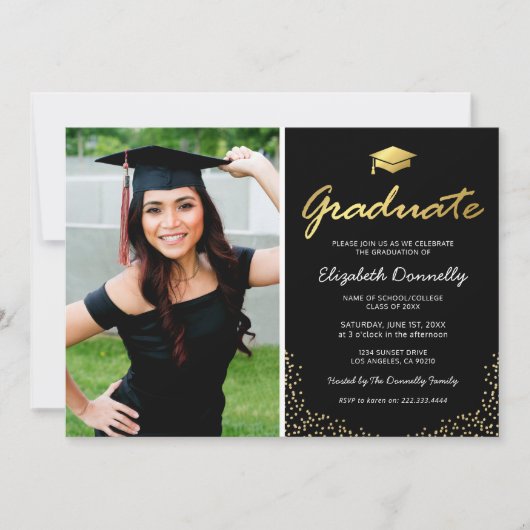 Elegant Black Gold Photo Graduparty Kaart (Voorkant)