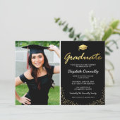 Elegant Black Gold Photo Graduparty Kaart (Staand voorkant)