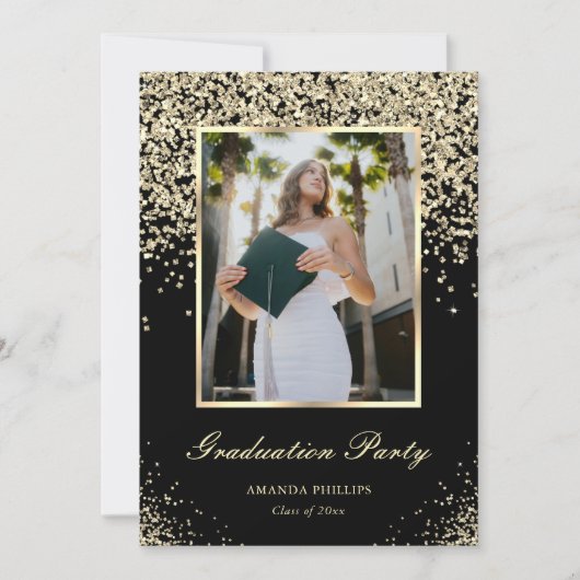 Elegant Black Gold Photo Graduparty Kaart (Voorkant)