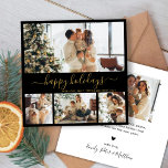 Elegant Black Gold Photo met kerstfeestdag Kaart<br><div class="desc">Elegant Calligraphy Minimalist Black and Gold 4 Photo Collage Merry Kerstmis Script Holiday Kaart. Deze festieve, imimalistische, grillige sjabloon met vier (4) fotovakantiekaarten is voorzien van een fotocollage en zegt "Prettige feestdagen"! De tekst van de "Prettige feestdagen" wordt geschreven in een mooi handgeschreven, met een poster geschreven lettertype met een...</div>