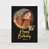 Elegant Black & Gold Photo Name 16th Birthday Kaart (Voorkant)