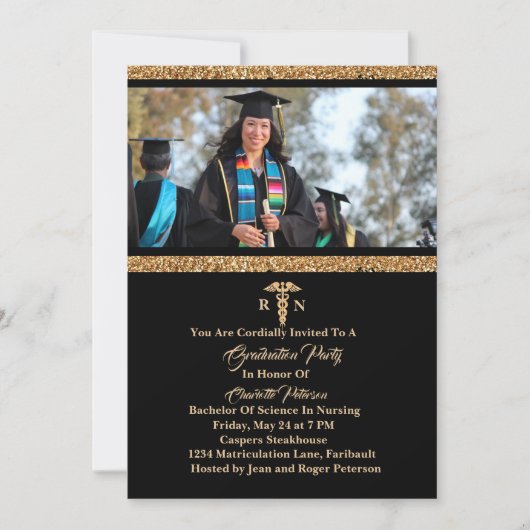 Elegant Black & Gold Photo Nurse Graduparty Kaart (Voorkant)