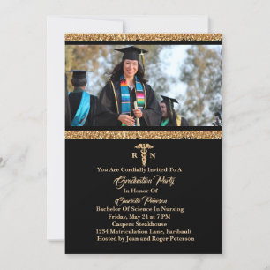 Elegant Black & Gold Photo Nurse Graduparty Kaart