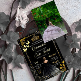 Elegant Black Gold Photo Quinceañera Invite Folie Uitnodiging