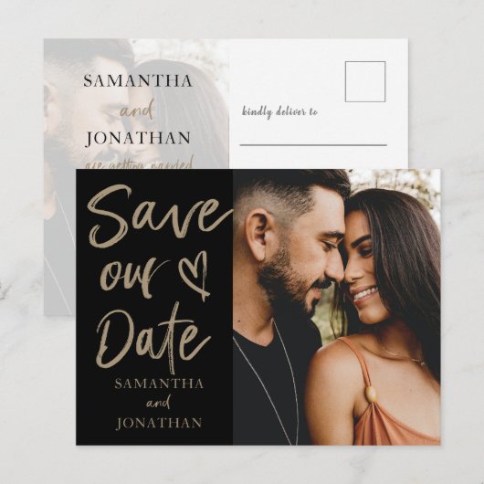 Elegant Black Gold Photo Save our Date Wedding Aankondigingskaart (Voorkant / Achterkant)