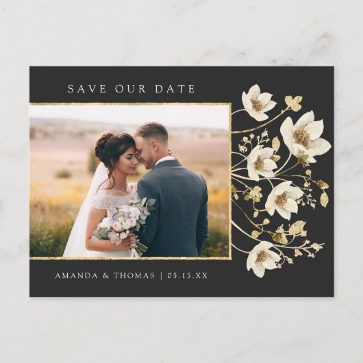 Elegant Black Gold Photo Weddenschap Save the Date Aankondigingskaart (Voorkant)