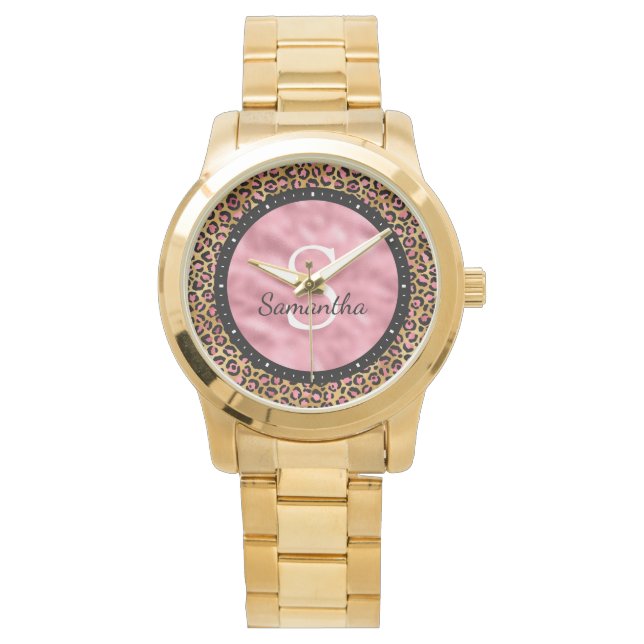 Elegant Black Gold Pink Folie Leopard Naam Monogra Horloge (Voorkant)