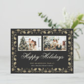 Elegant Black Gold Prettige feestdagen twee fotoka Feestdagenkaart (Staand voorkant)