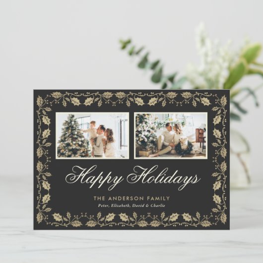 Elegant Black Gold Prettige feestdagen twee fotoka Feestdagenkaart (Staand voorkant)