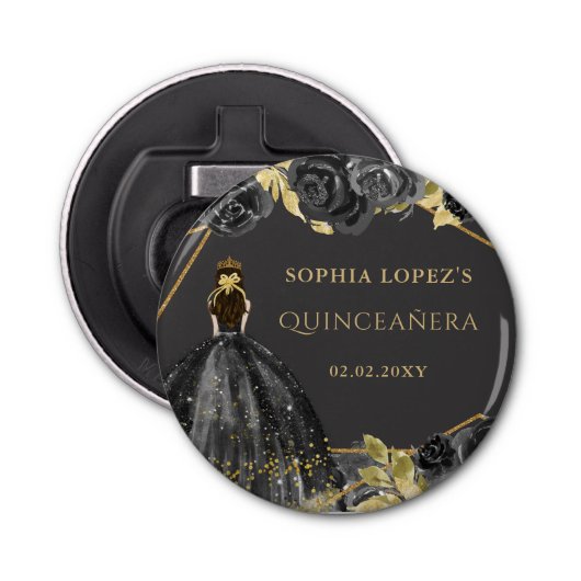 Elegant Black Gold Prinses Quinceanera Button Flesopener (Voorkant)