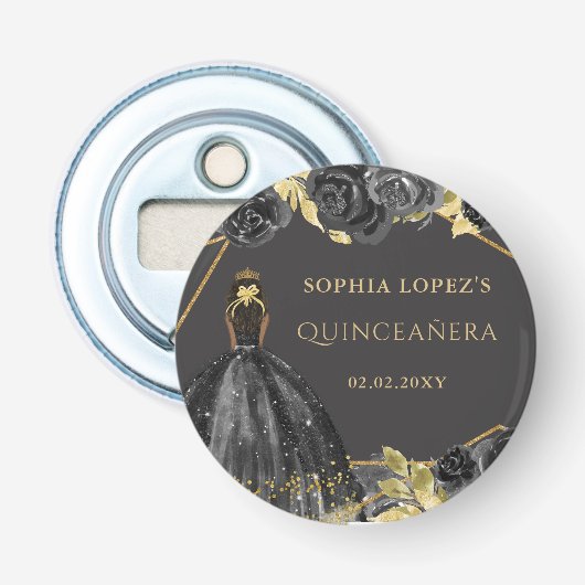 Elegant Black Gold Prinses Quinceanera Button Flesopener (Voorkant)