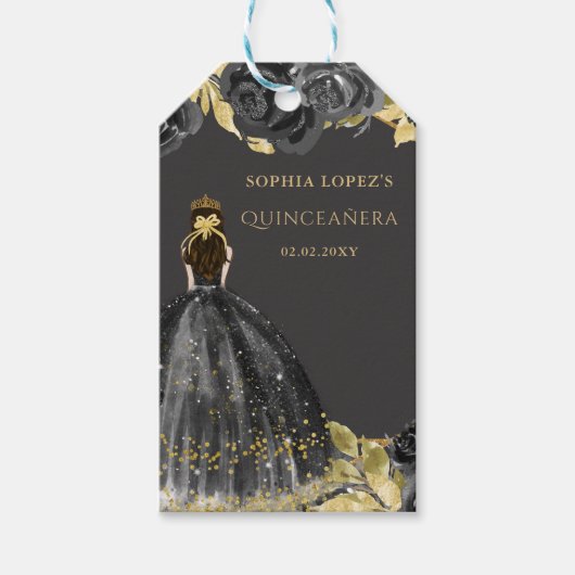 Elegant Black Gold Prinses Quinceanera Cadeaulabel (Voorkant)
