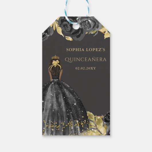 Elegant Black Gold Prinses Quinceanera Cadeaulabel (Voorkant)
