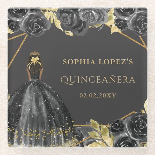 Elegant Black Gold Prinses Quinceanera Glazen Onderzetter (Voorkant)