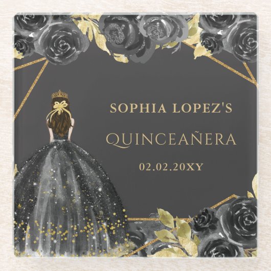 Elegant Black Gold Prinses Quinceanera Glazen Onderzetter (Voorkant)