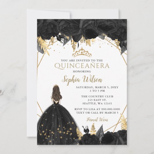 Elegant Black Gold Prinses Quinceañera Inv Kaart (Voorkant)