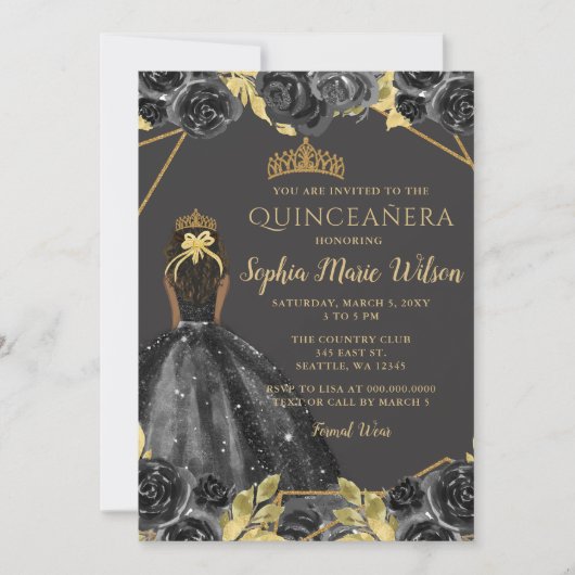 Elegant Black Gold Prinses Quinceañera Kaart (Voorkant)