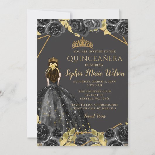 Elegant Black Gold Prinses Quinceañera Kaart (Voorkant)