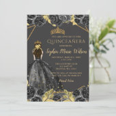 Elegant Black Gold Prinses Quinceañera Kaart (Staand voorkant)