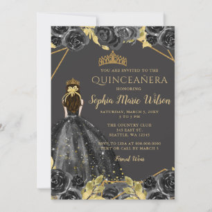 Elegant Black Gold Prinses Quinceañera Kaart