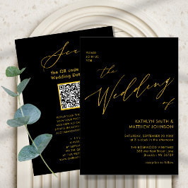 Elegant Black Gold QR-code in één cachebruiloft Kaart