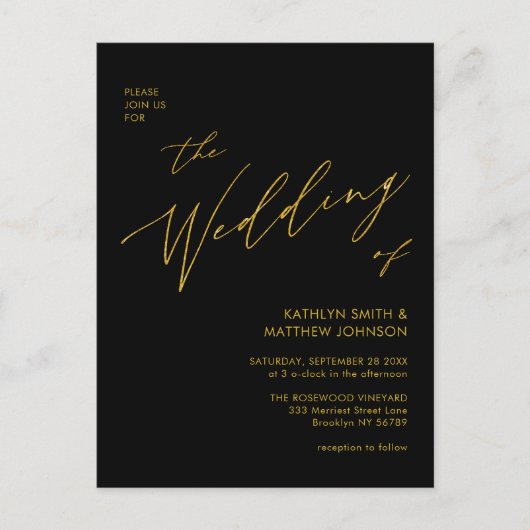 Elegant Black Gold QR-code in één cachebruiloft Uitnodiging Briefkaart (Voorkant)