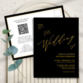 Elegant Black Gold QR-code in één cachebruiloft Uitnodiging Briefkaart