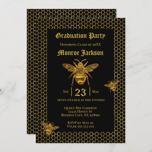 Elegant Black Gold Queen Beehive Afstuderen Kaart (Voorkant / Achterkant)
