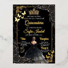 Elegant Black Gold Quinceañera Invite Foil Folie Uitnodiging