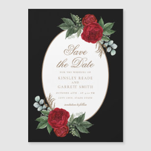 Elegant Black & Gold Red Floral bespaart de datum Magnetische Uitnodiging