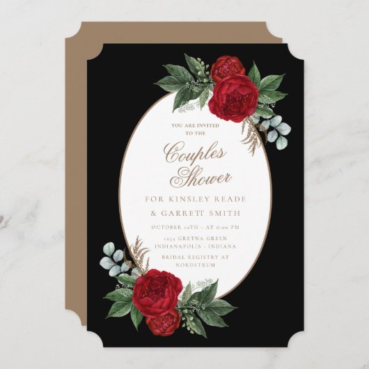 Elegant Black & Gold Red Floral Couple's Shower Kaart (Voorkant / Achterkant)