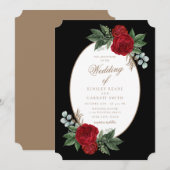 Elegant Black & Gold Red Floral Wedding Kaart (Voorkant / Achterkant)