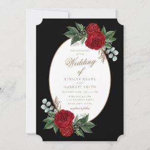 Elegant Black & Gold Red Floral Wedding Kaart