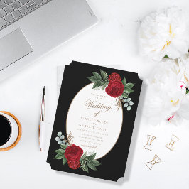 Elegant Black & Gold Red Floral Wedding Kaart