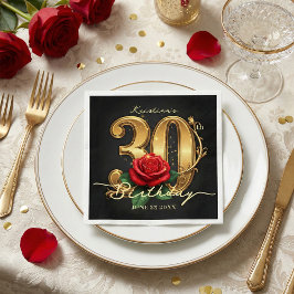 Elegant Black Gold Red Rose 30th Birthday Party Servet