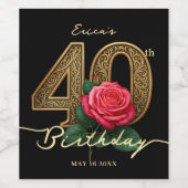 Elegant Black Gold Red Rose 40th Birthday Party Wijn Etiket (Enkel label)
