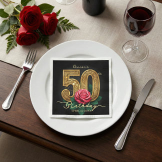 Elegant Black Gold Red Rose 50th Birthday Party Servet