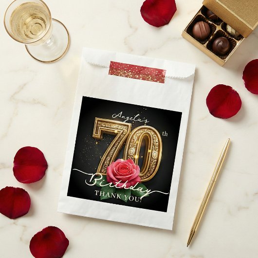 Elegant Black Gold Red Rose 70th Birthday Party Bedankzakje