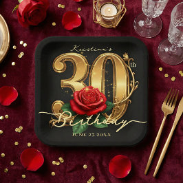 Elegant Black Gold Red Rose Floral 30th Birthday Papieren Bordje