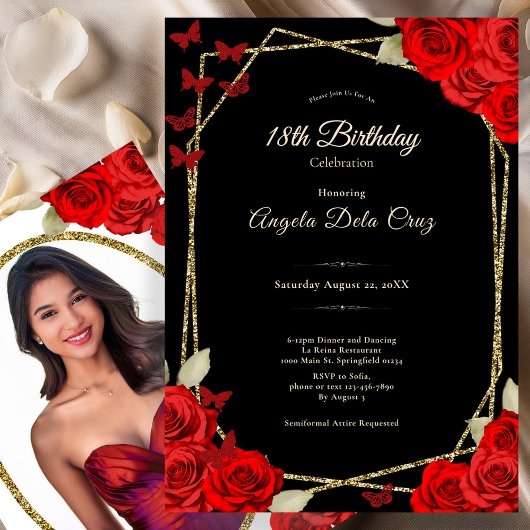 Elegant Black Gold Red Roses 18th Birthday Debut Kaart