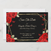 Elegant Black Gold Red Roses 18th Birthday Debut Save The Date (Voorkant)