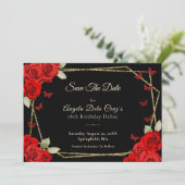 Elegant Black Gold Red Roses 18th Birthday Debut Save The Date (Staand voorkant)