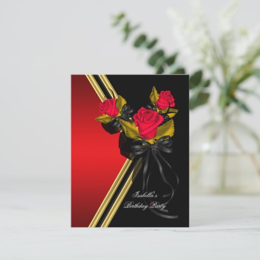 Elegant Black Gold Red Roses Birthday Party Kaart (Staand voorkant)