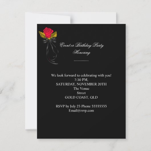 Elegant Black Gold Red Roses Birthday Party Kaart (Achterkant)