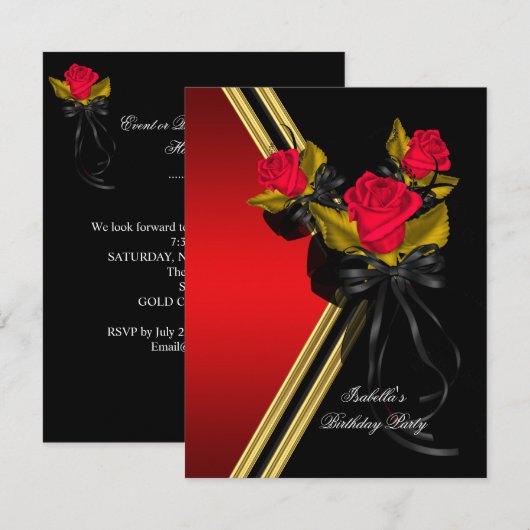 Elegant Black Gold Red Roses Birthday Party Kaart (Voorkant / Achterkant)
