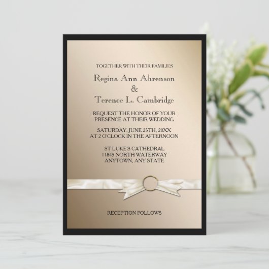 Elegant Black Gold Ribbon Wedding Kaart (Staand voorkant)