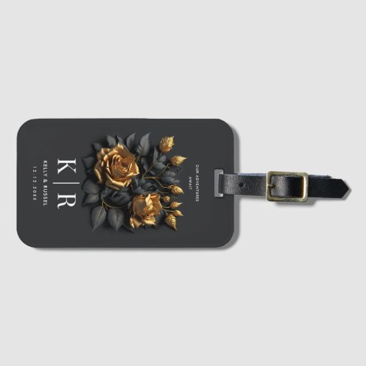 Elegant Black Gold Roos Couple Traveler Vacking Bagagelabel (Voorkant (horizontaal))