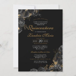 Elegant Black Gold Roos Floral Quinceanera Kaart