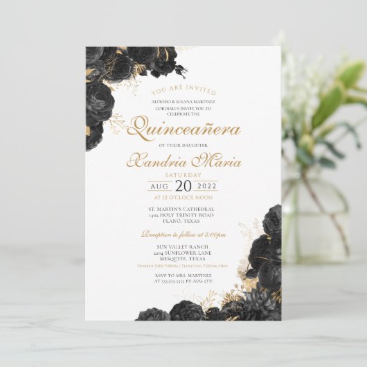 Elegant Black Gold Roos Floral Quinceanera Kaart (Staand voorkant)